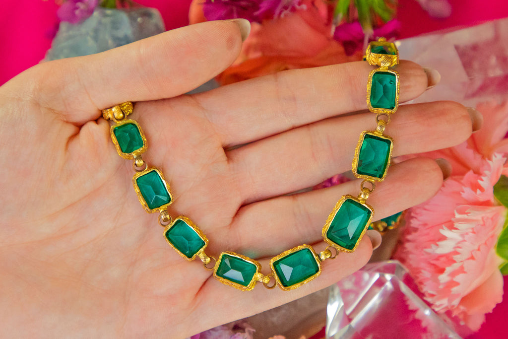 Rare 19" Georgian Pinchbeck Emerald Paste Riviere Necklace, Fitted Velvet Box