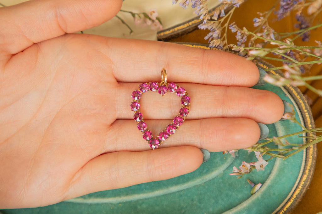 Antique 15ct Gold Pink Rhodolite Garnet Heart Pendant, 2.48ct