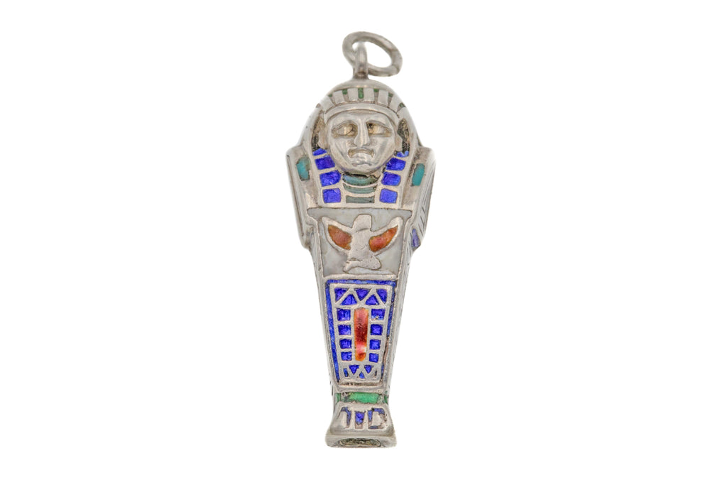 Art Deco Egyptian Revival Chubby Silver Sarcophagus Pendant, Retractable Pencil