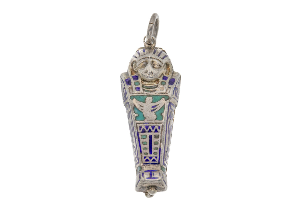 Art Deco Silver Enamel "Mummy" Locket Pendant, Blue, Turquoise & White Enamel