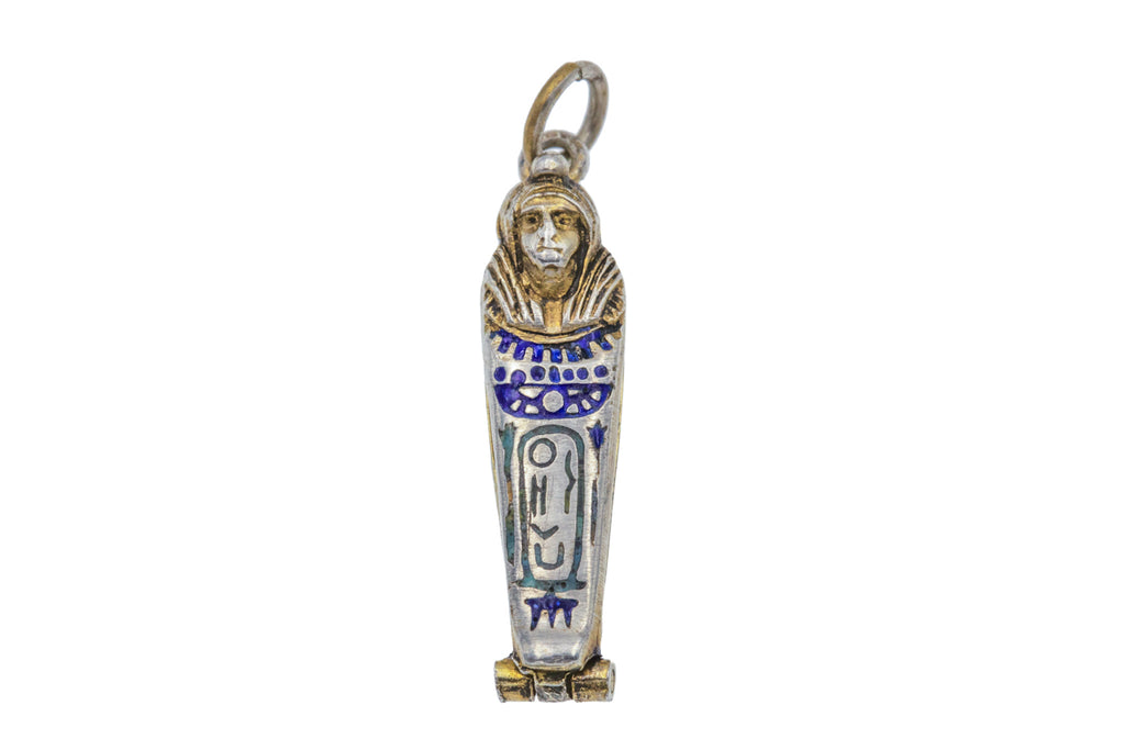 Art Deco Egyptian Revival Silver Sarcophagus Pendant, Blue Enamel