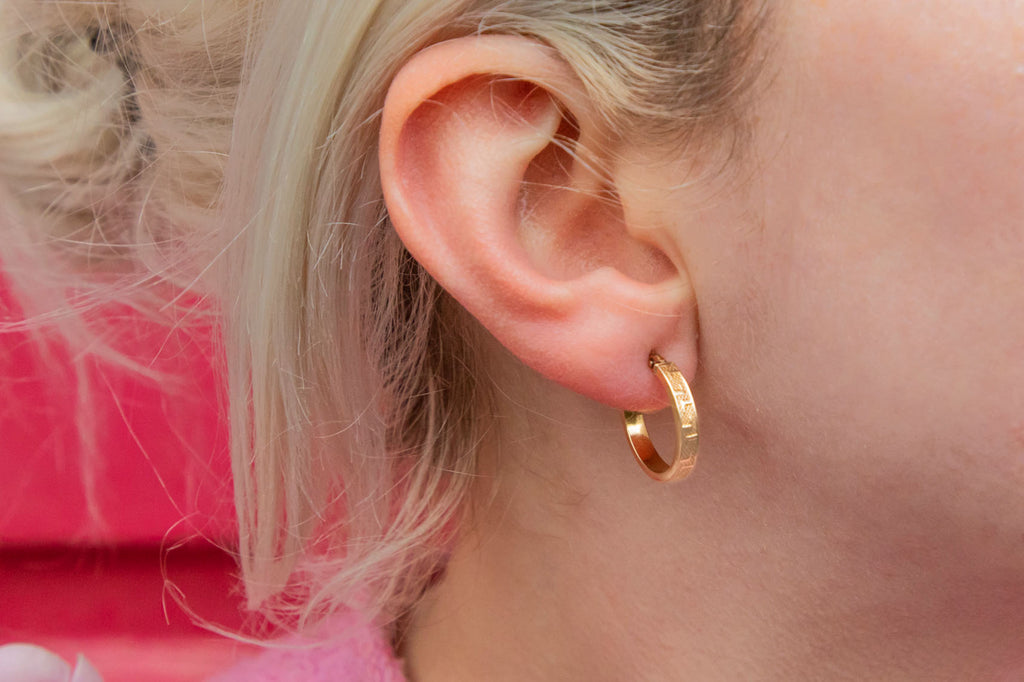 9ct Gold Greek Key Design Hoop Earrings - 17.5mm Diameter