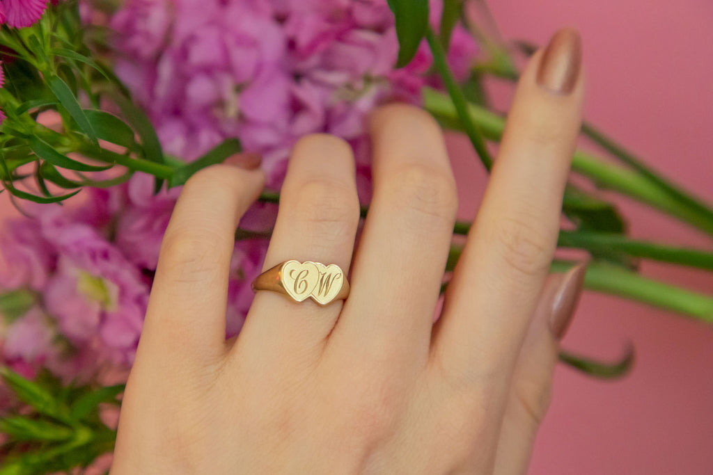 9ct Gold Double Heart Signet Ring, "CW" Initials