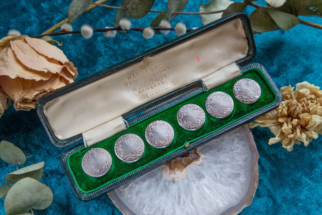 Hardy Brothers Set of Six Silver Buttons, Fitted Green Velvet Box