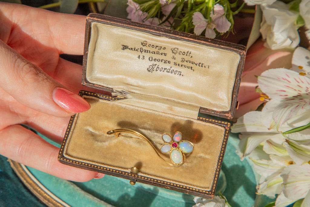 Antique 15ct Gold Opal Ruby Flower Brooch, with Original Box