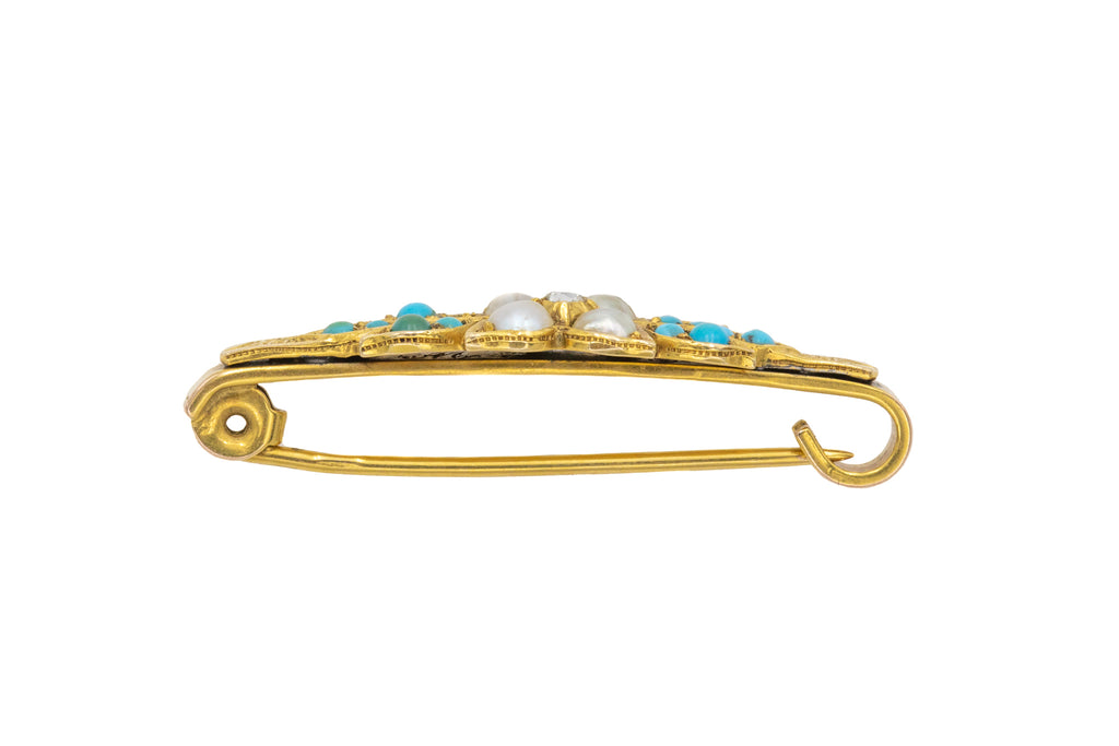 Antique 9ct Gold Turquoise Diamond Pearl Bar Brooch