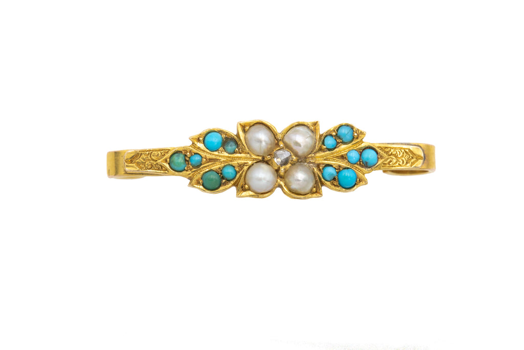 Antique 9ct Gold Turquoise Diamond Pearl Bar Brooch