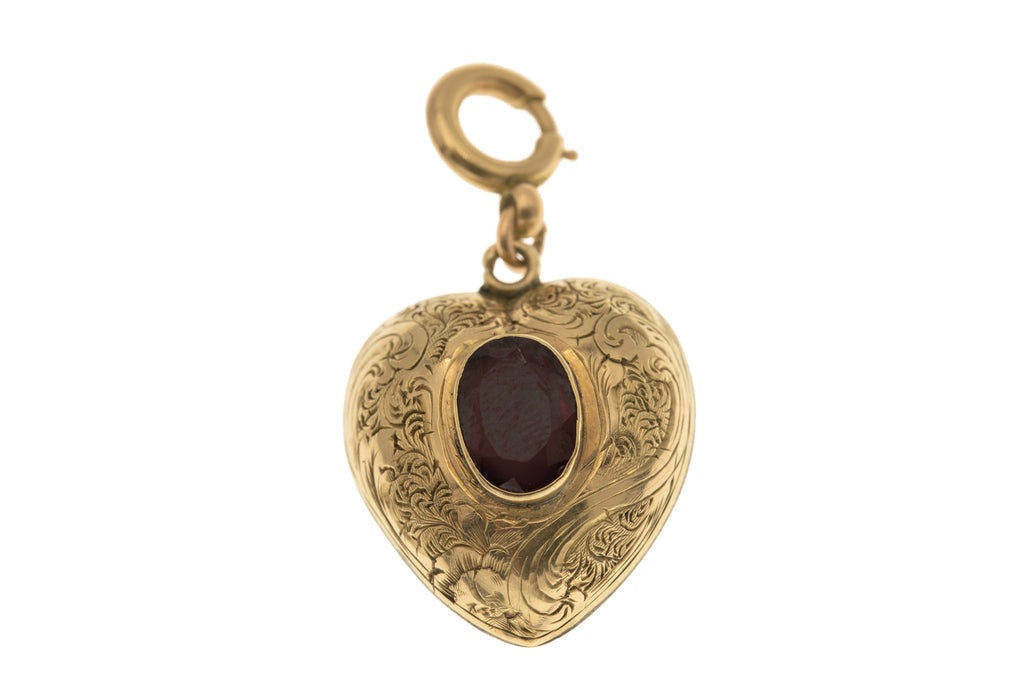 Victorian 9ct Gold Garnet Engraved Heart Pendant - Antique Bolt-Ring
