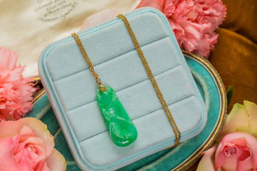 Antique Jade Drop Pendant, 32" 18ct Gold Chain