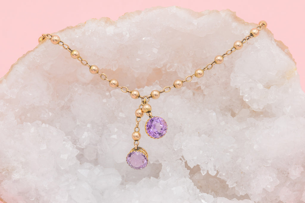 18" Edwardian 9ct Gold Amethyst Drop Necklace, 2.80ct