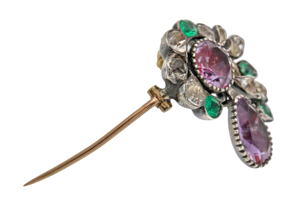 French Georgian Emerald Diamond & Amethyst Paste Giardinetti Brooch Pendant