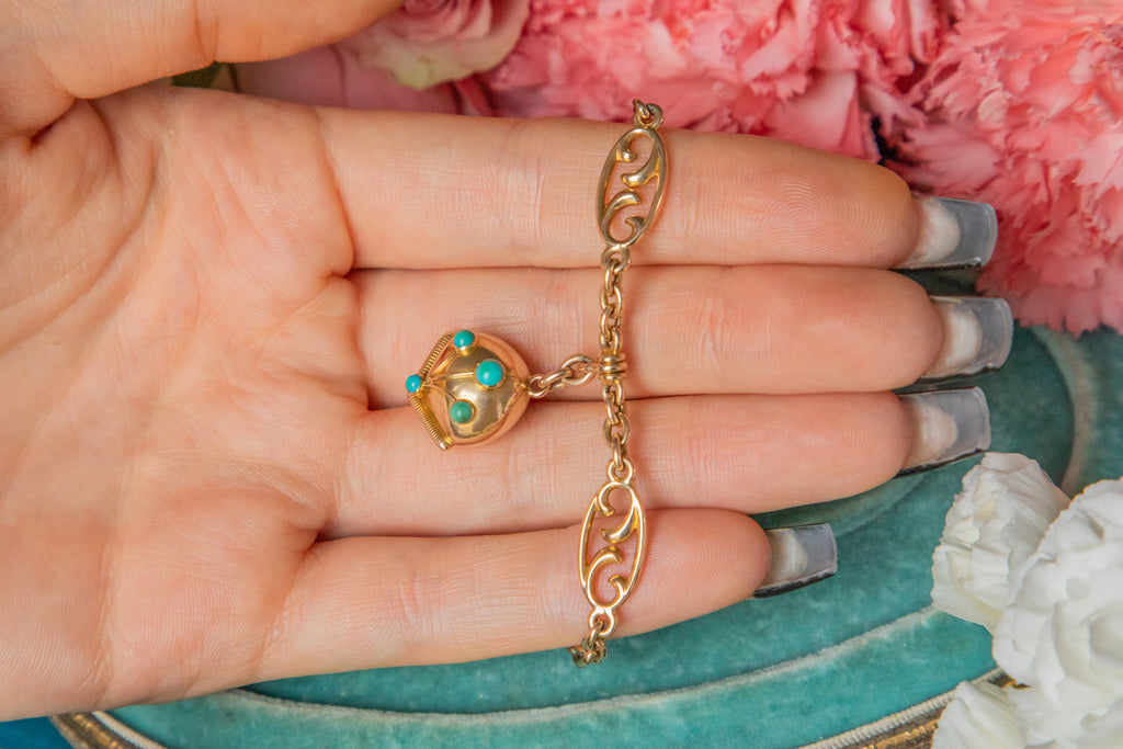 8" Antique 15ct Gold Fancy Bracelet & Turquoise Bell Charm, 16g