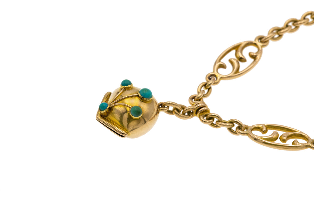 8" Antique 15ct Gold Fancy Bracelet & Turquoise Bell Charm, 16g