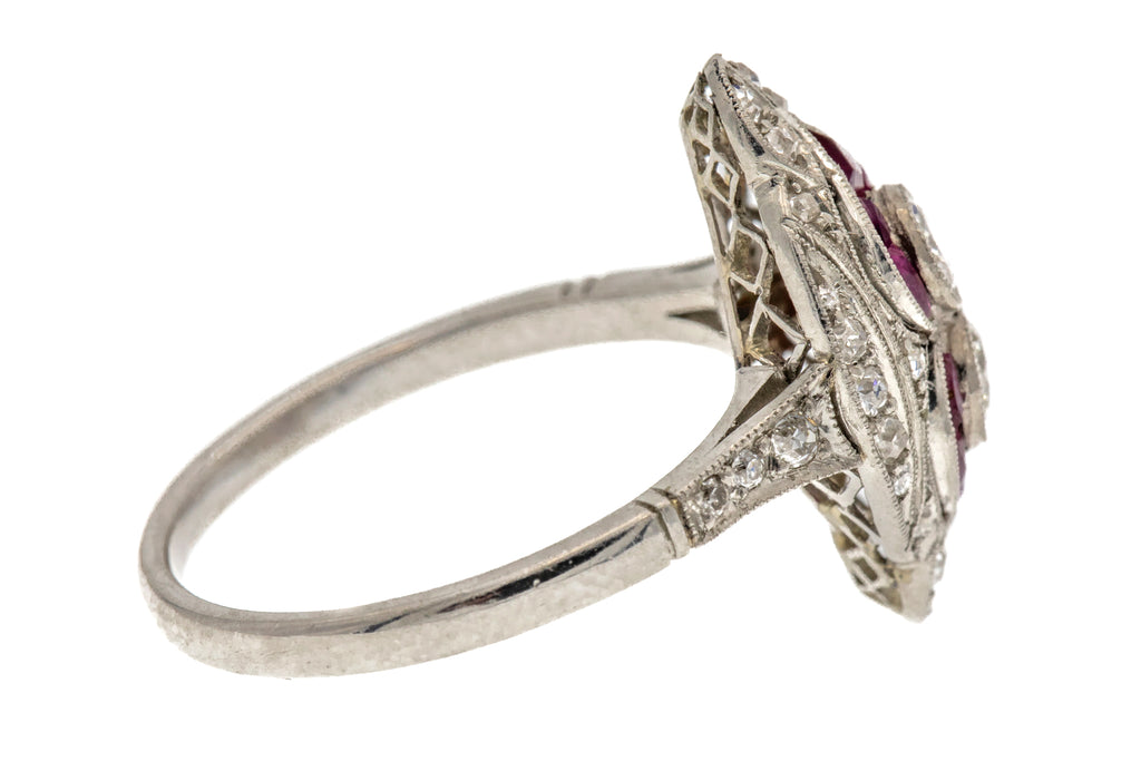Art Deco Style Platinum Diamond Ruby Cluster Ring - 0.62ct Diamond