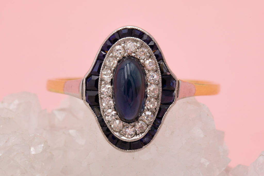 18ct Gold Natural Sapphire Cabochon Diamond Cluster Ring, 0.90ct Sapphire
