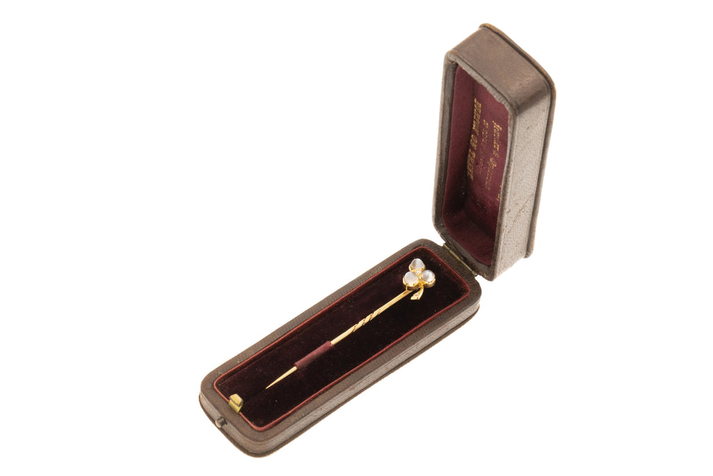 18ct Gold Moonstone Diamond Clover Stick Pin, 1.30ct Moonstone- with Original Box