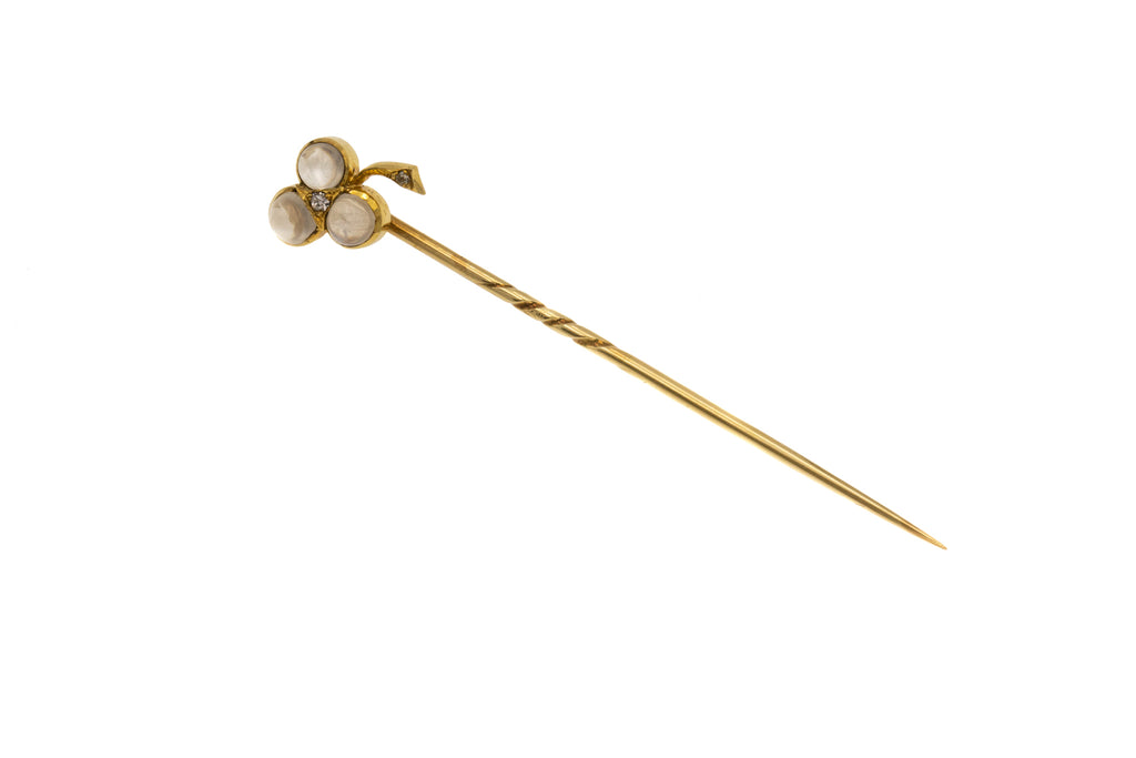 18ct Gold Moonstone Diamond Clover Stick Pin, 1.30ct Moonstone- with Original Box