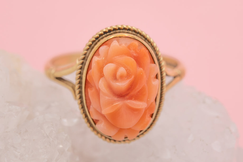 9ct Gold Coral Carved Flower Ring
