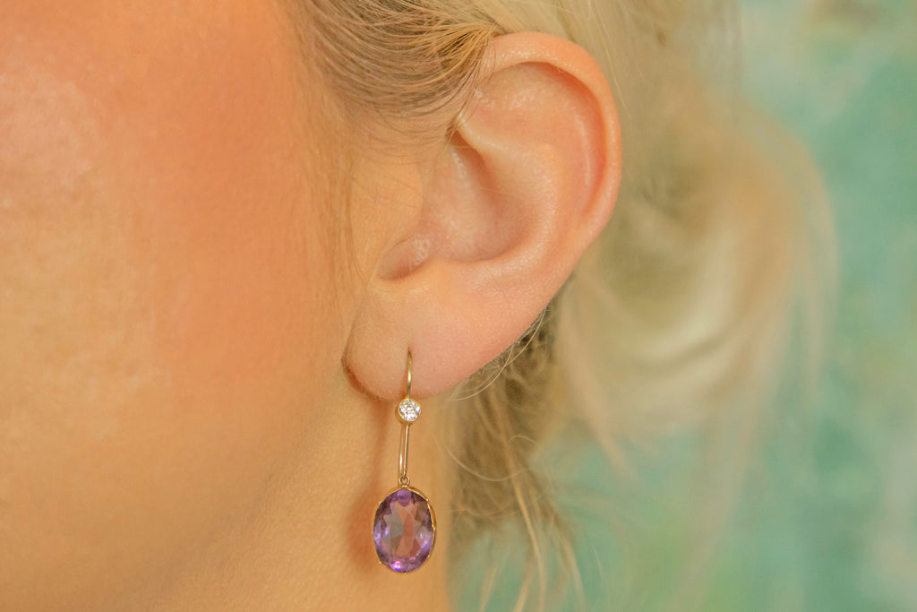 Victorian Gold Diamond Amethyst Drop Earrings, 7.30ct Amethyst