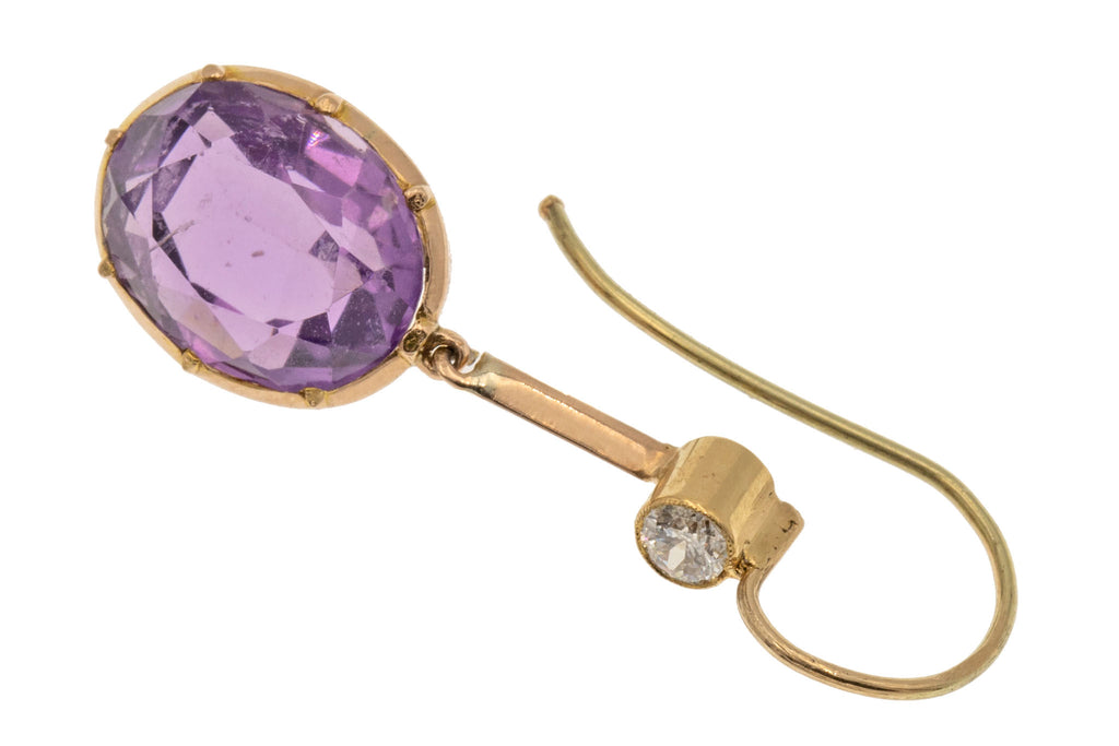 Victorian Gold Diamond Amethyst Drop Earrings, 7.30ct Amethyst