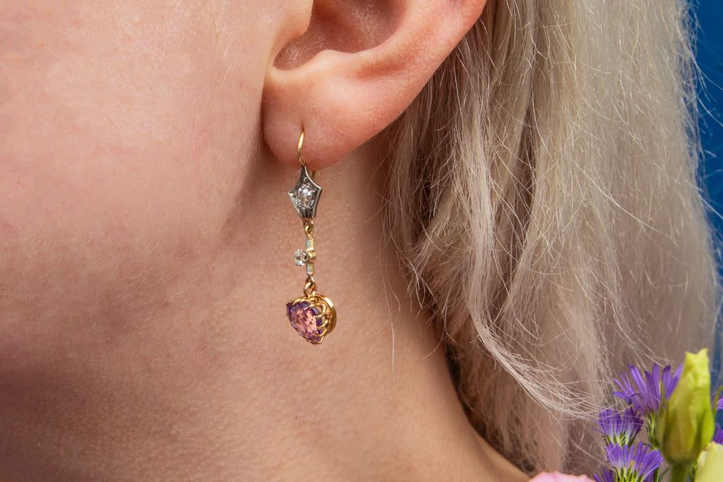 Antique 15ct Gold Diamond Amethyst Heart Drop Earrings - 3.10ct Amethyst