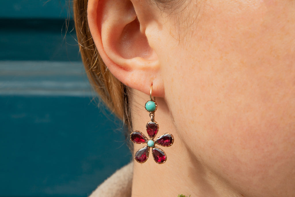 Georgian Flat-Cut Garnet Turquoise Pansy Earrings - Fitted Antique Box