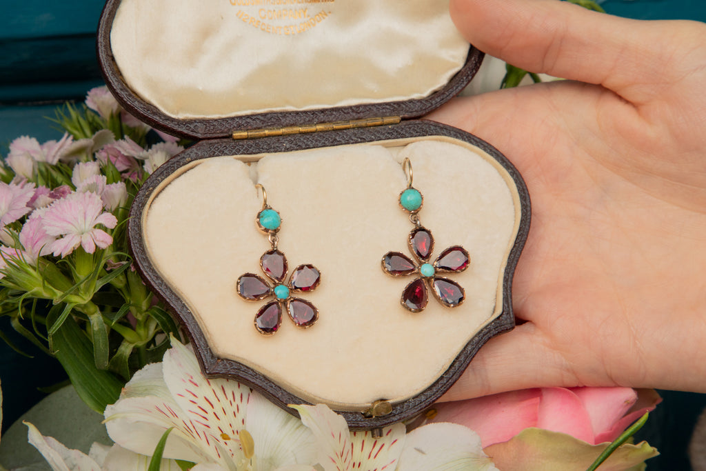 Georgian Flat-Cut Garnet Turquoise Pansy Earrings - Fitted Antique Box