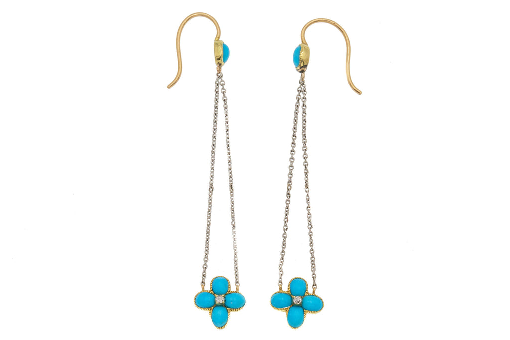Antique Platinum & 18ct Gold "Forget-me-Not" Turquoise Drop Earrings