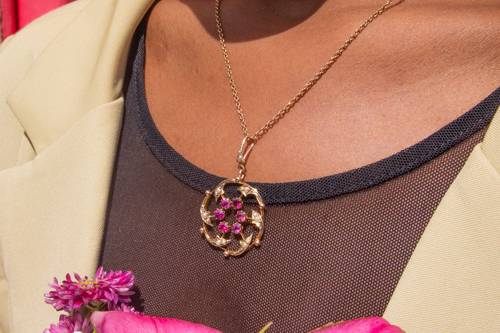 Antique 18ct Gold Pink Garnet Diamond "Swirl" Pendant