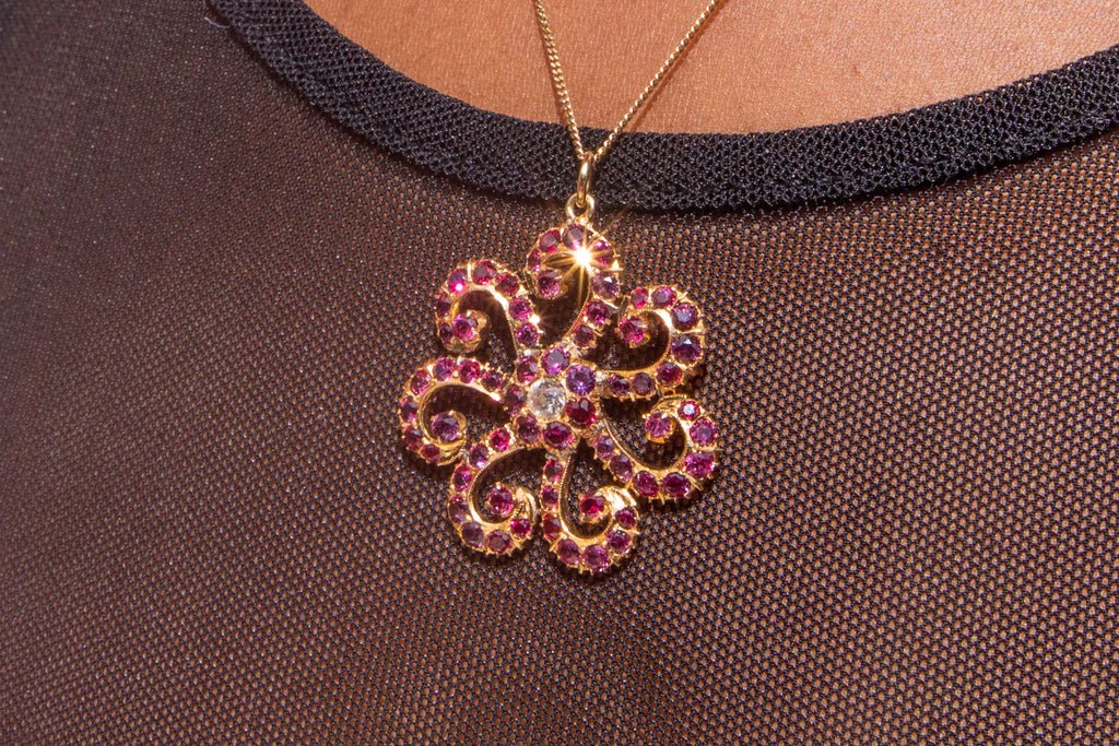 Antique 18ct Gold Pink Garnet Diamond "Swirl" Pendant
