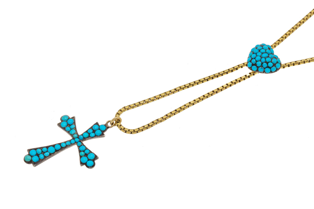 9ct Gold Victorian Pave Turquoise Heart & Cross Necklace - Faceted Barrel Clasp