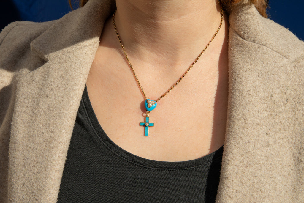 16" 18ct Gold Turquoise Enamel Pearl Heart & Cross Drop Necklace
