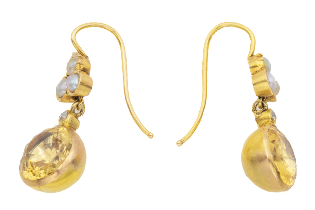Antique 15ct Gold Topaz Diamond Pearl Drop Earrings