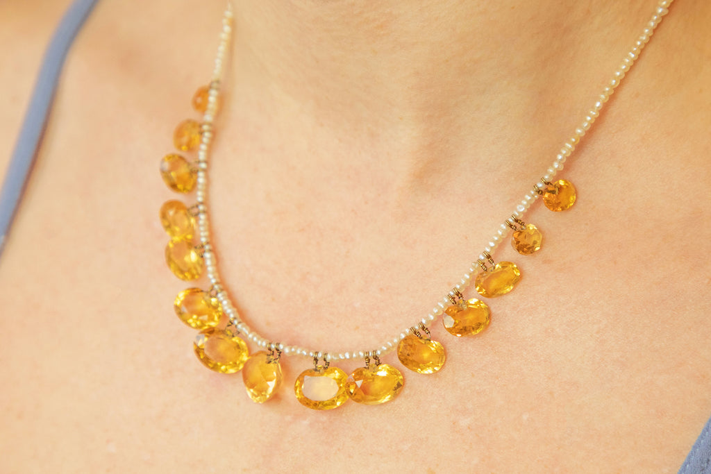 17" Antique Citrine Seed Pearl Fringe Necklace, 50.70ct
