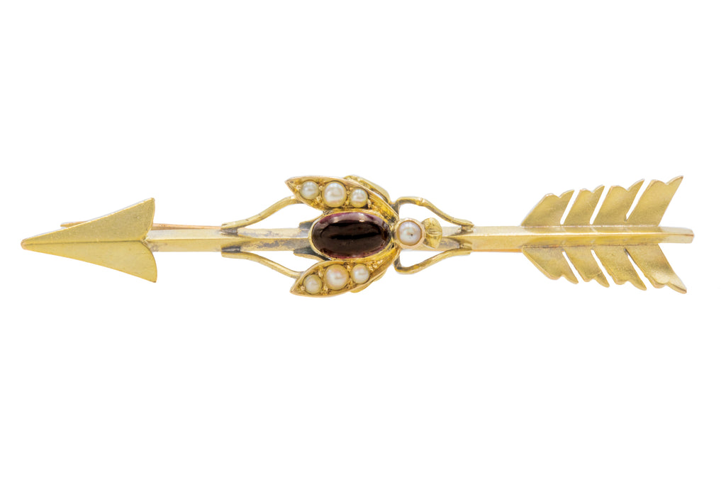 15ct Gold Victorian Pearl Garnet Cabochon "Fly" Arrow Brooch, 0.50ct