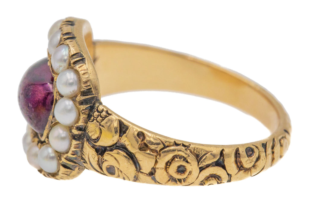 Georgian 9ct Gold Garnet Pearl Mourning Ring, 0.80ct - Engraved Floral Band
