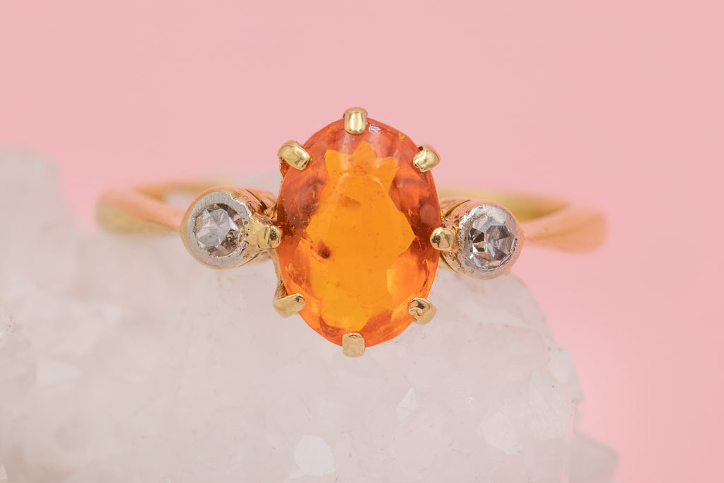 Art Deco Fire Opal Diamond Trilogy Ring - 18ct Gold & Platinum