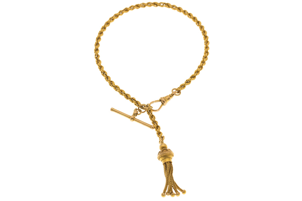8" Victorian 9ct Gold Albertina Bracelet with Tassel and T-Bar, 6.6g