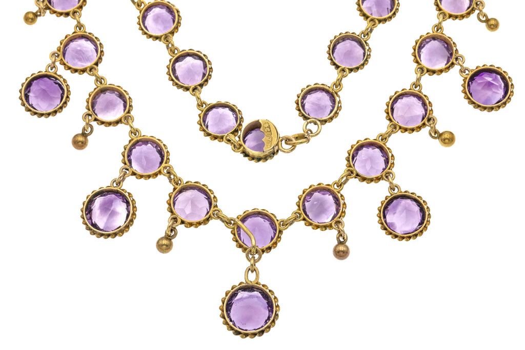 14" Victorian 9ct Gold Amethyst Fringe Necklace, 49.50ct - (Removable Pendant Drop)