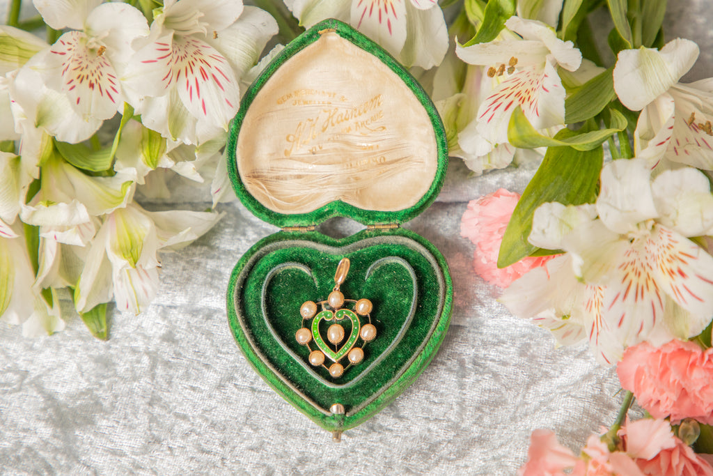 Art Nouveau 15ct Gold Green Enamel Pearl Heart Pendant, with Velvet Box