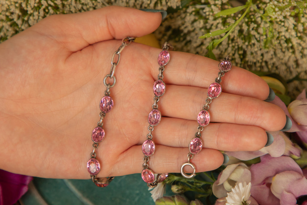 17" Dainty Georgian Silver Pink Paste Riviere Necklace