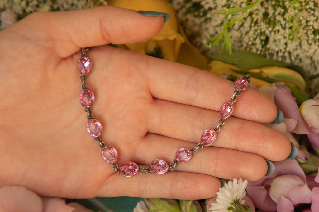 17" Dainty Georgian Silver Pink Paste Riviere Necklace