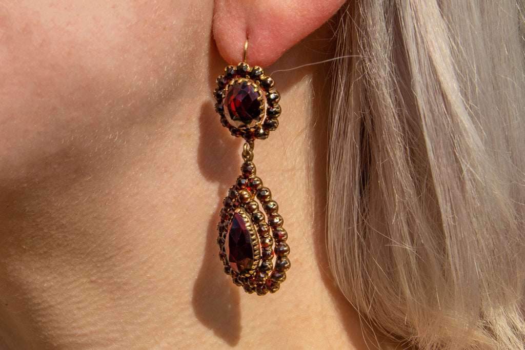 Victorian Rose-Cut Garnet Cluster Drop Earrings - 18ct Gold Lever-Back Hooks