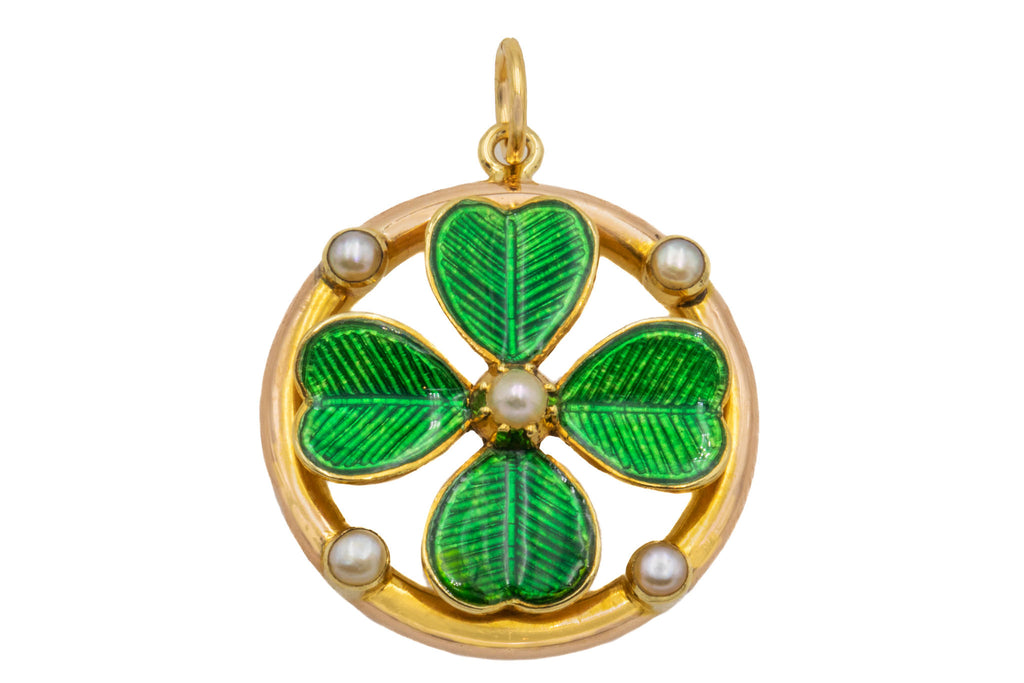 Lucky 15ct Gold Pearl Four Leaf Clover Enamel Pendant