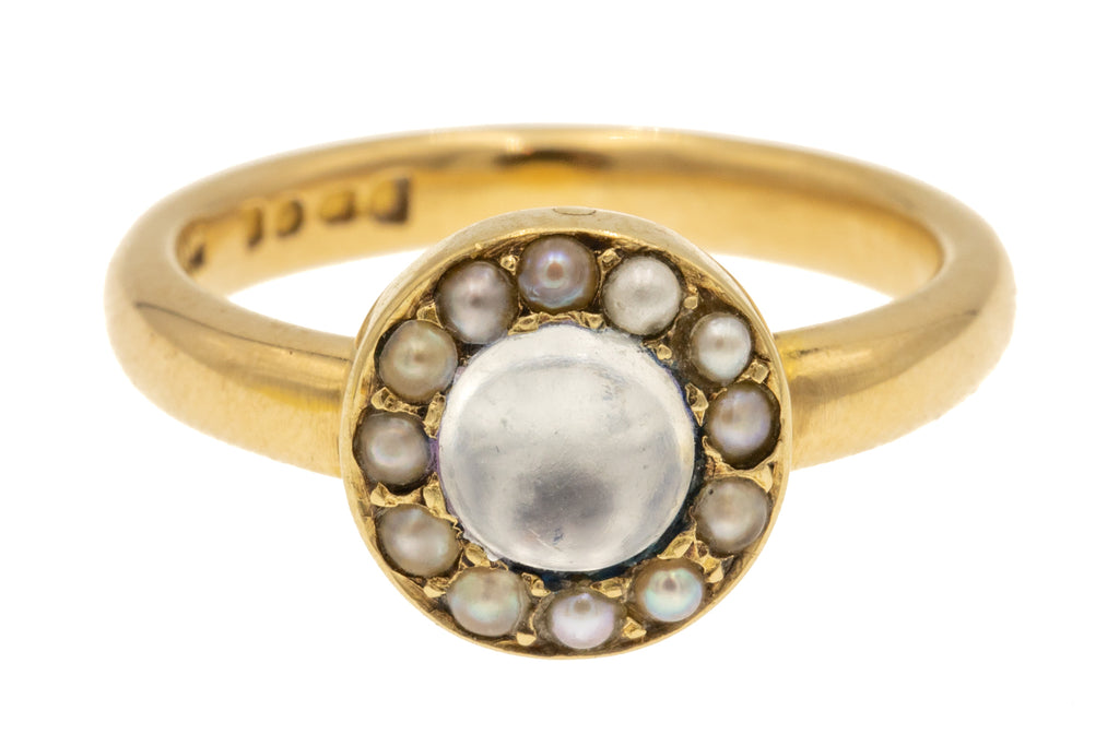 Antique 18ct Gold Moonstone Cabochon Pearl Cluster Ring, 2.33ct