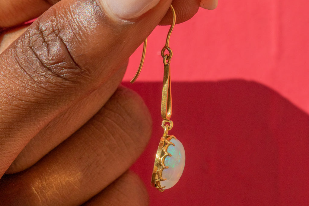 Edwardian 14ct Gold Opal Drop Earrings, 4.00ct
