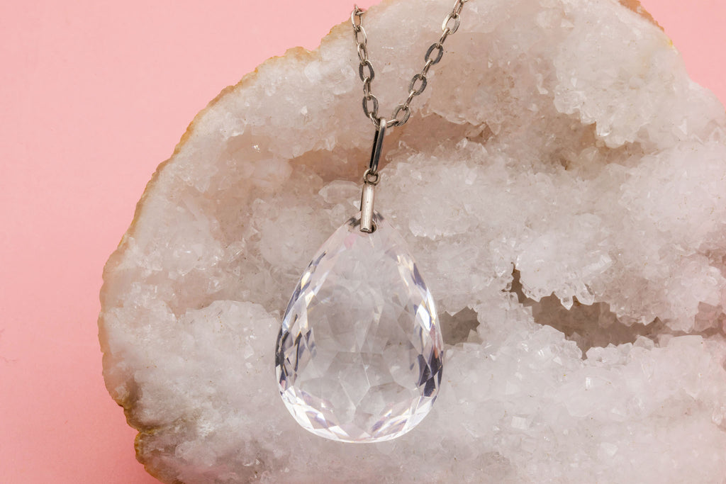Silver Rock Crystal Teardrop Pendant, 83.30ct - with 22" Sterling Silver Chain