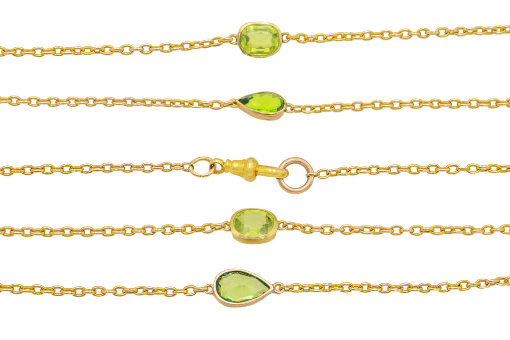 61" Antique 15ct Gold Peridot Longuard Chain Necklace, 10.00ct (19g)