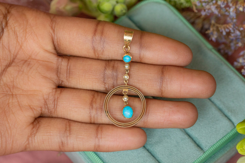 Edwardian 15ct Gold Turquoise Pearl Drop Pendant
