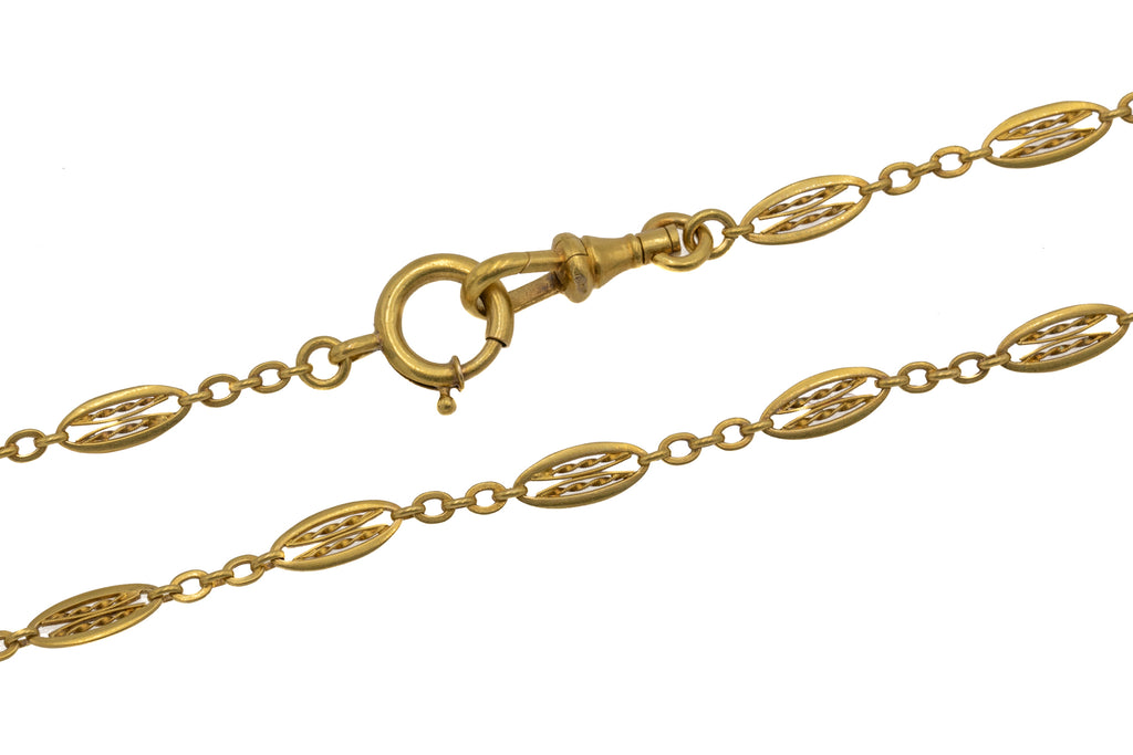 42" 18ct Gold French Filigree Long-Guard Chain, Bolt & Dog-Clip, 21.9g